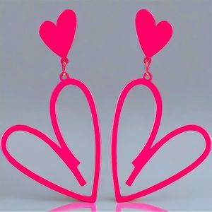 Hot Pink Matte Double Heart Earrings Drop Dangle Cutout Hearts Nwt